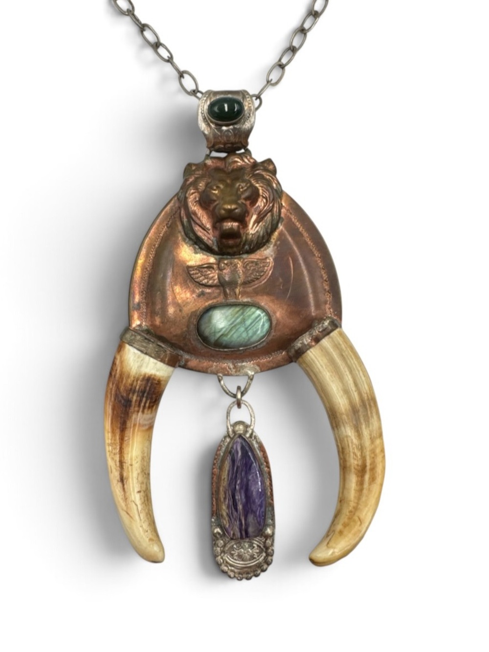 Artisan Sterling Copper Charoite Labradorite African Warthog Tusk Necklace 27.5”